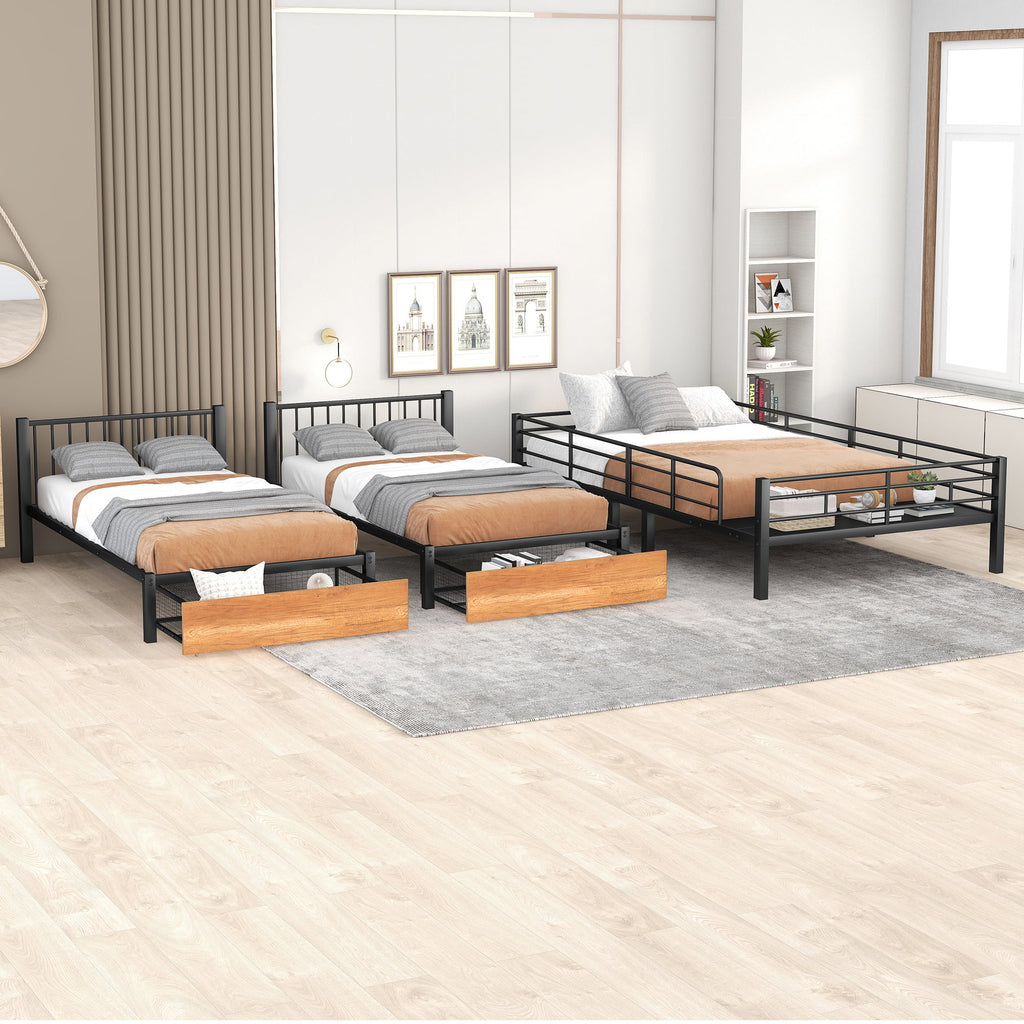 Black Metal Triple Bunk Bed with Storage Drawers Y8482