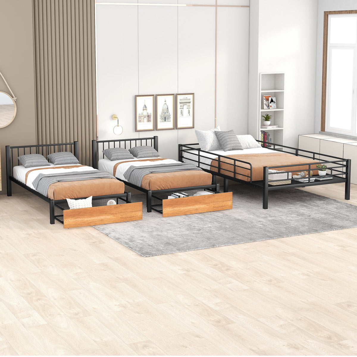 Black Metal Triple Bunk Bed with Storage Drawers Y8482