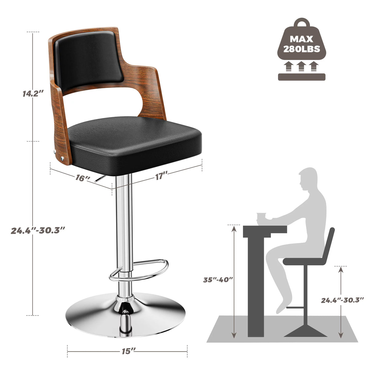 Walnut Bentwood Adjustable Swivel Bar Stools Set of 2 E566