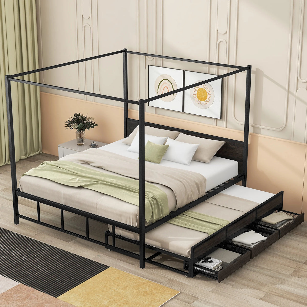 Queen Size Black Metal Canopy Platform Bed with Trundle and 3 Storage Drawers T43864