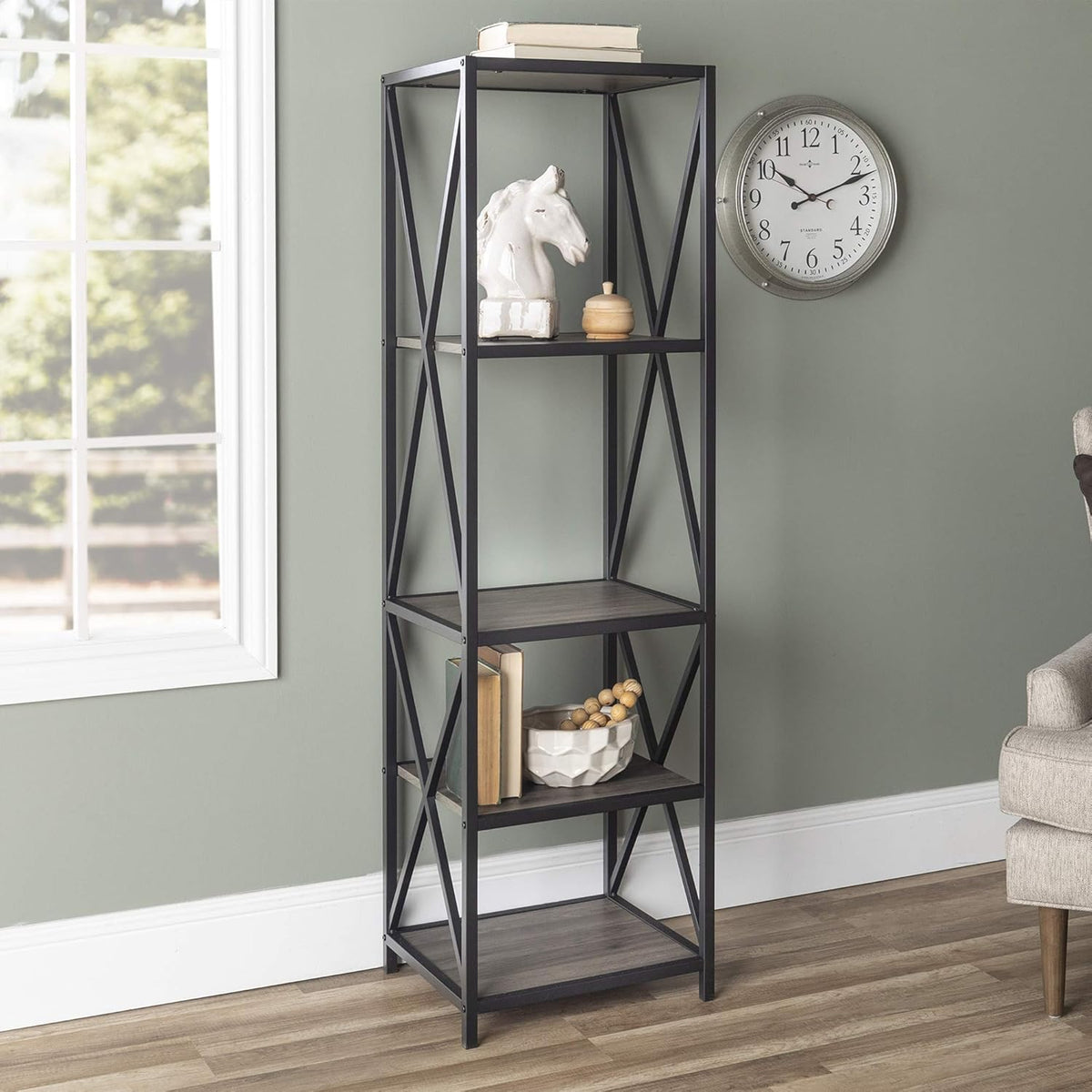 2 Tier Wood Metal Bookcase, 40 Inch, Dark Walnut E511857