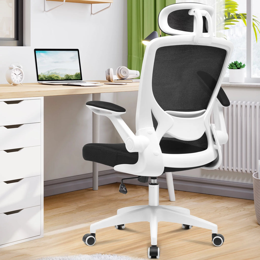 White Ergonomic Office Chair with Headrest and Flip-up Arms Y11703