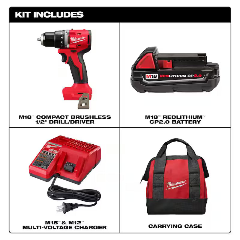 18V Lithium-Ion Brushless Cordless Compact Drill/Driver with Battery, Charger & Bag Q32954