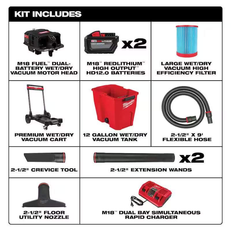 12 Gal Cordless Wet/Dry Shop Vac Kit with Utility Brush and Nozzle U849