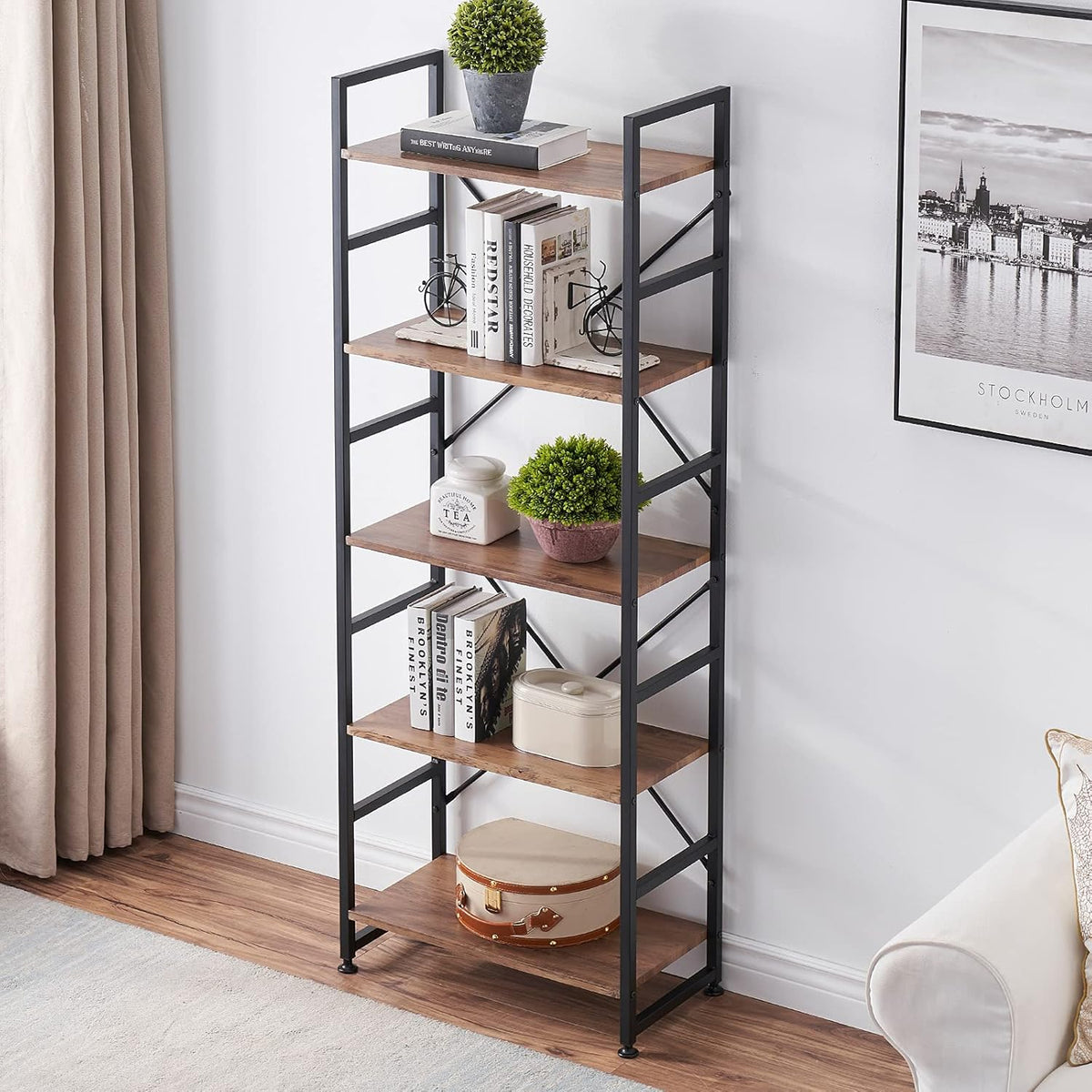 5 Tier Wood Bookshelf with Metal Frame Q19295