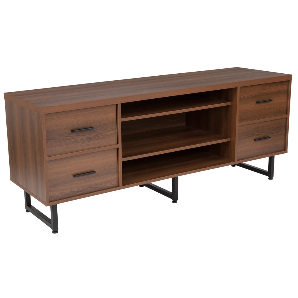 Rustic Wood Grain Three Shelf Four Drawer TV Stand with Metal Legs T9517