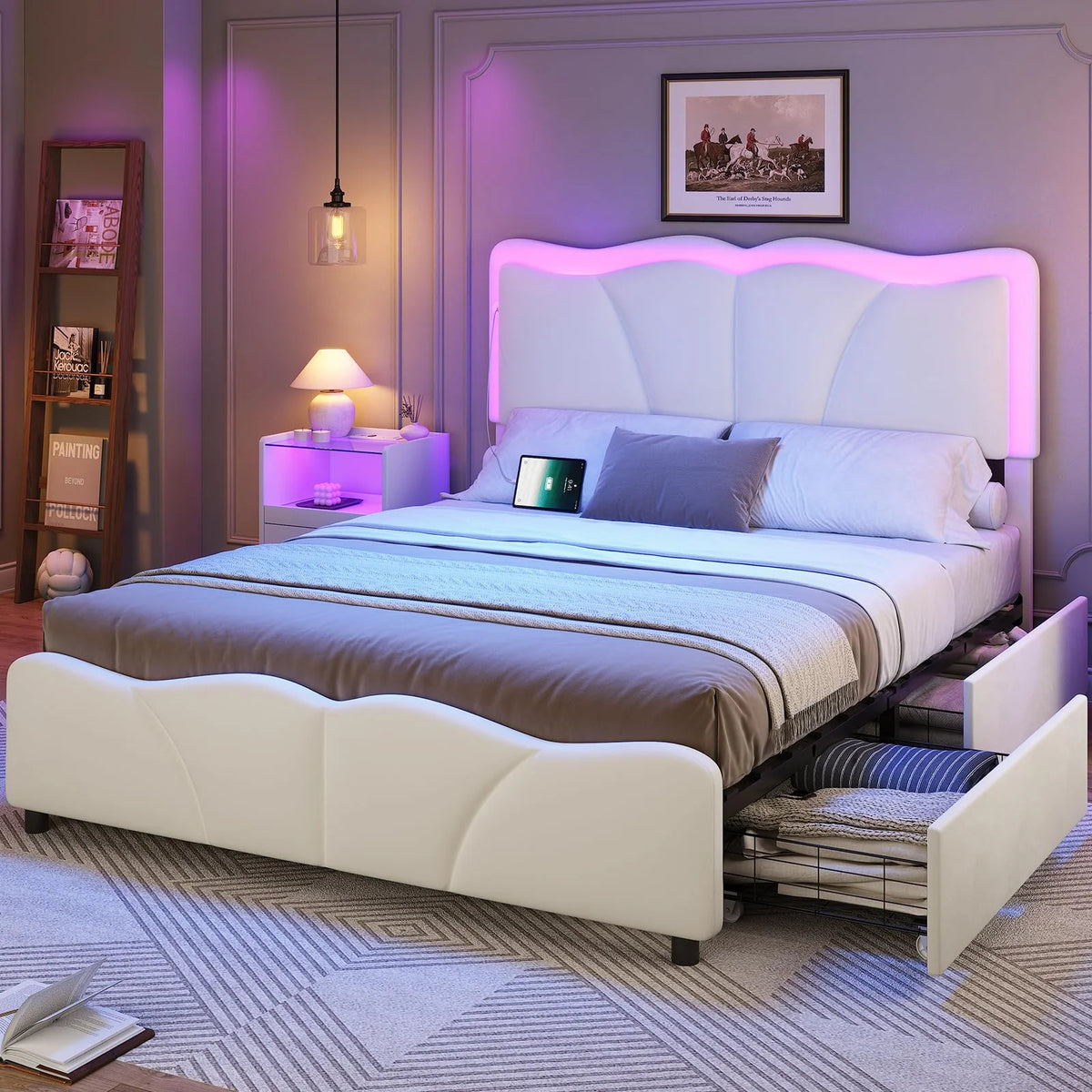 White Velvet Queen Bed Frame with Storage Drawers Y903047