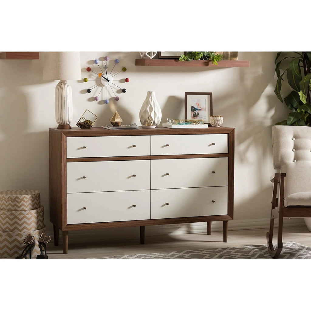 White and Walnut Wood 6-drawer Storage Dresser O2069