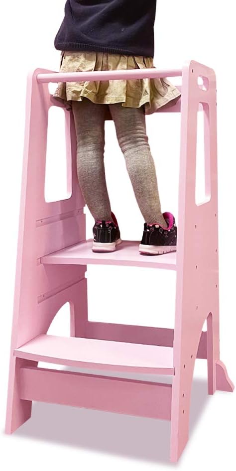 Adjustable Wooden Toddler Step Stool with Safety Handrail A346264