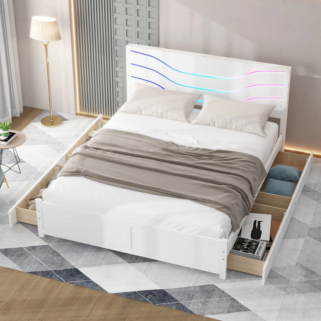 White Queen Size Wood Storage Platform Bed with 4 Drawers A171