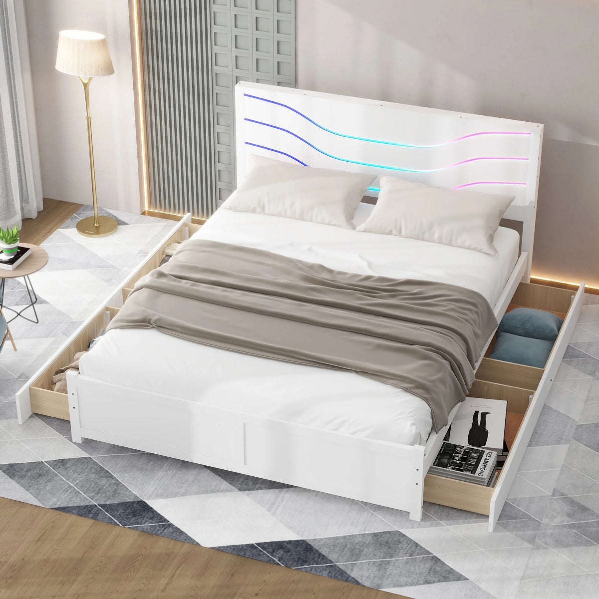 White Queen Size Wood Storage Platform Bed with 4 Drawers A171