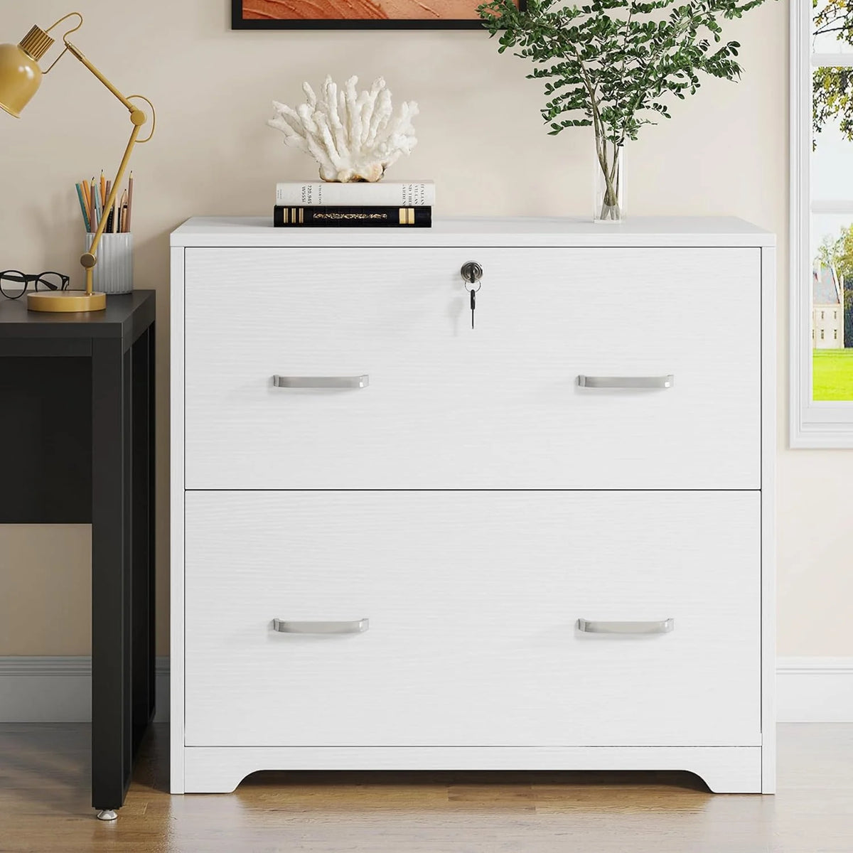 White 2 Drawer Lateral Filing Cabinet with Lock B647853