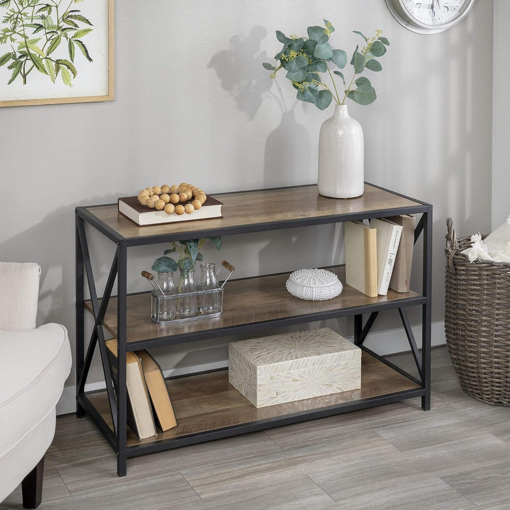 2 Tier Wood Metal Bookcase, 40 Inch, Dark Walnut E511857
