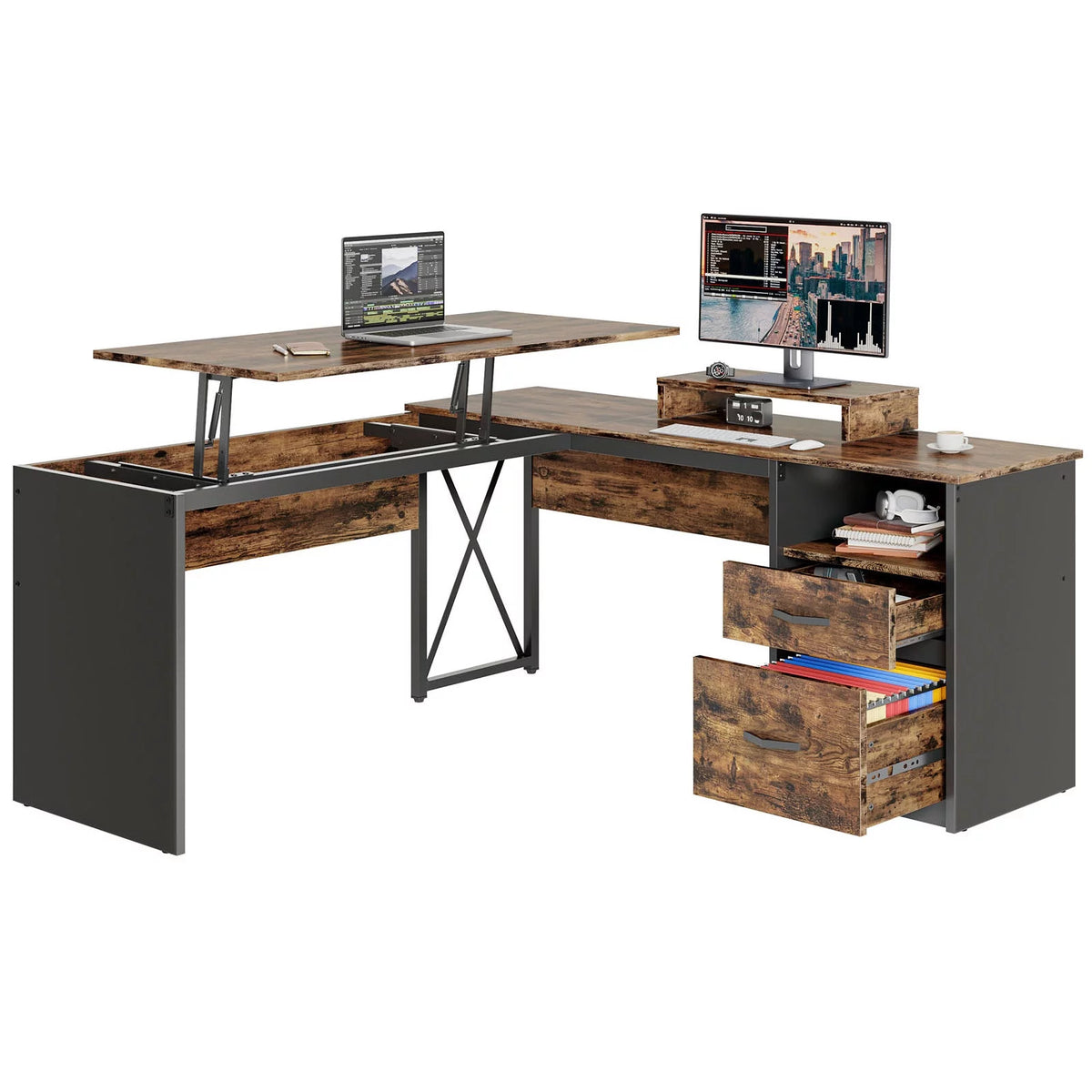 55 inch L-Shaped Lift Top Computer Desk with Storage B4391