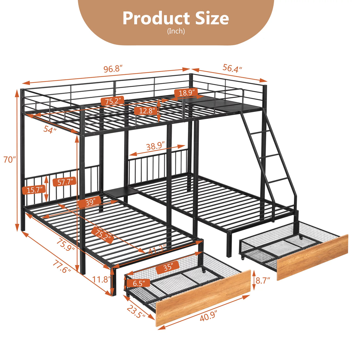 Black Metal Triple Bunk Bed with Storage Drawers Y8482