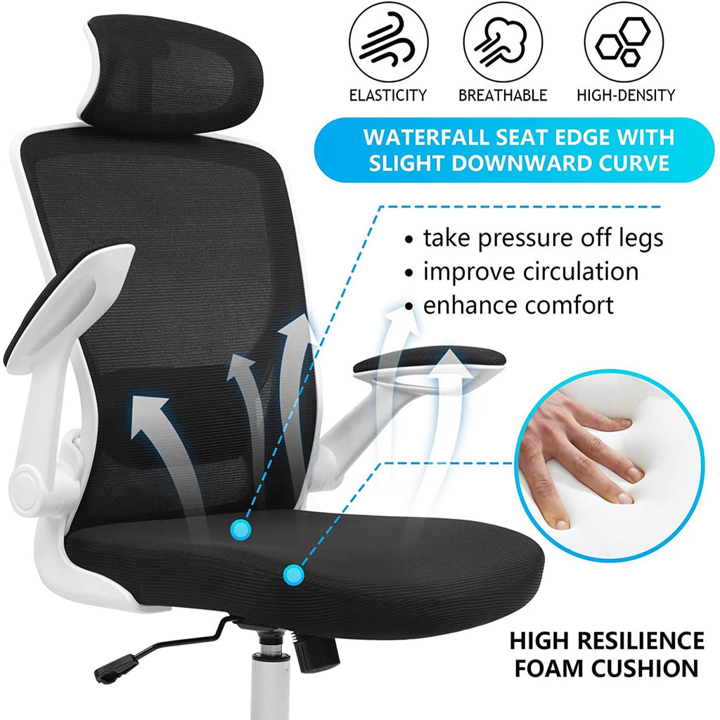 White Ergonomic Office Chair with Headrest and Flip-up Arms Y11703