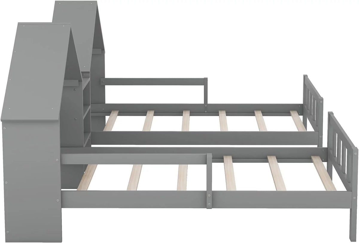 Double Size Platform Bed with House-Shaped Headboard and Built-In Nightstand, Grey H71530