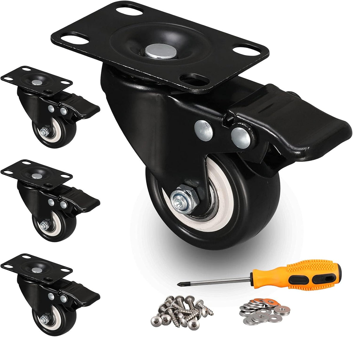 Black 2 inch Swivel Casters Set of 4 with Safety Brake T16351
