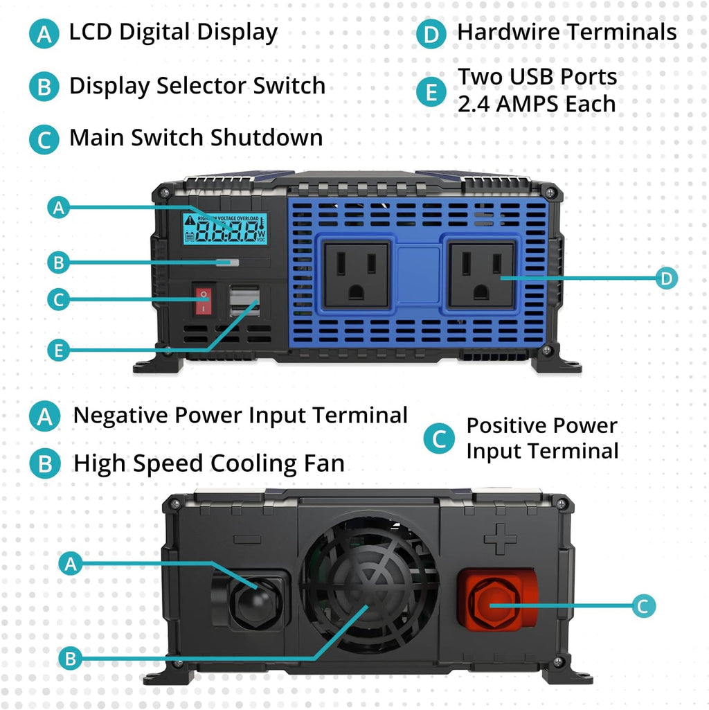 2000 Watt 12V Power Inverter Dual USB & AC Outlets G1650