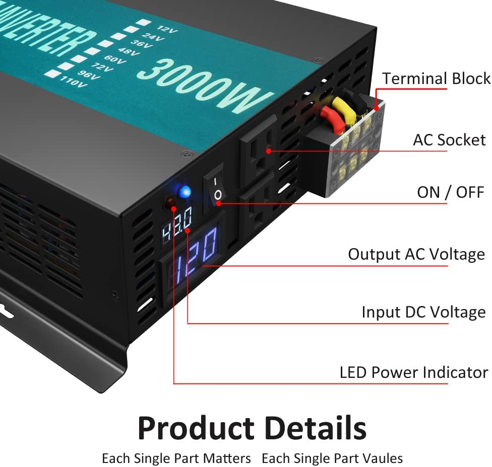 3000W 48V 120V Pure Sine Wave Power Inverter with 2 AC Outlets H341