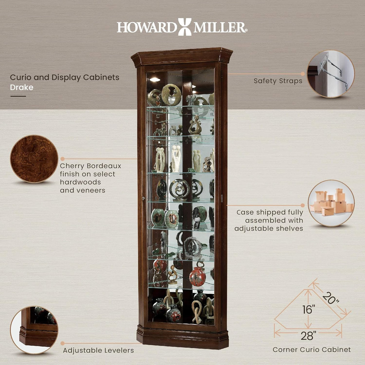 Cherry Bordeaux Corner Curio Cabinet with Seven Glass Shelves Q90818