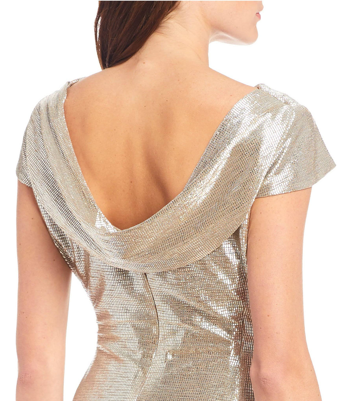 Long Cap-Sleeve Metallic Knit Gown K1663