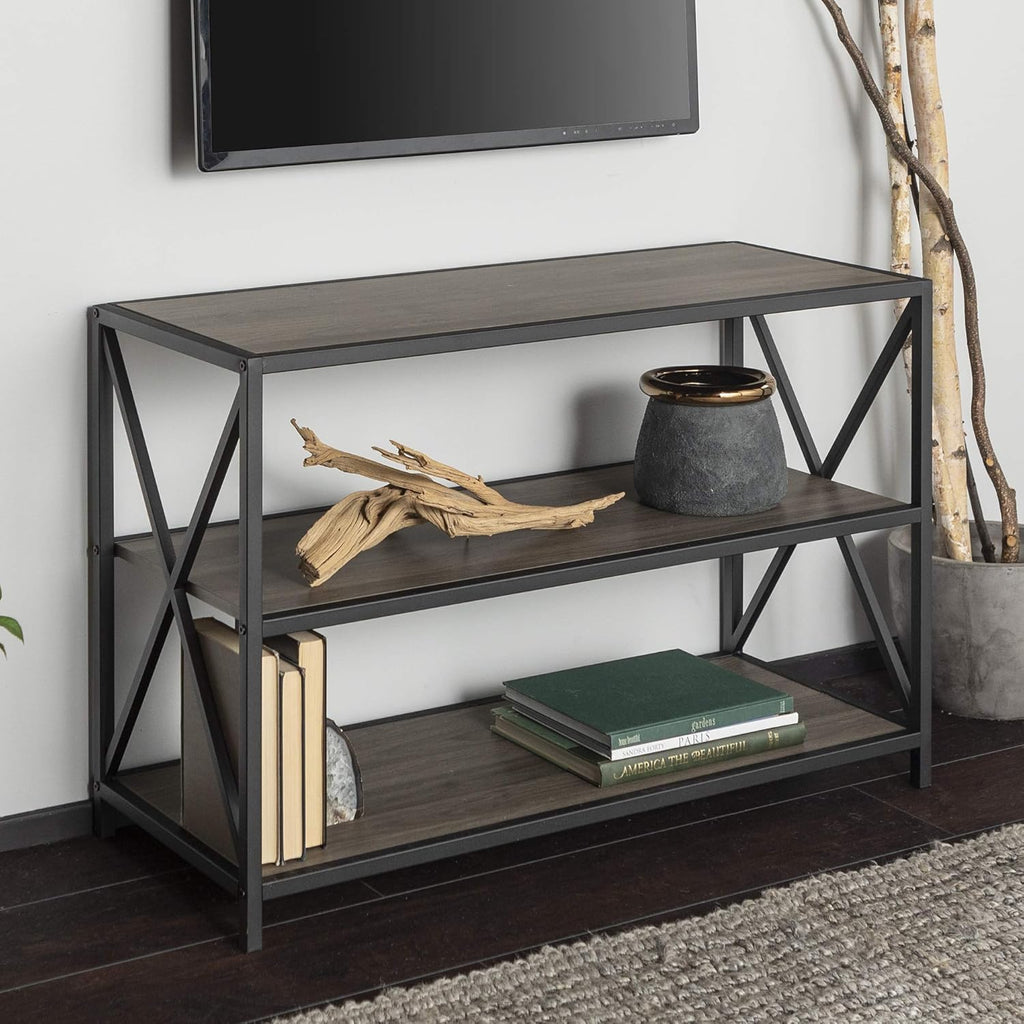 2 Tier Wood Metal Bookcase, 40 Inch, Dark Walnut E511857