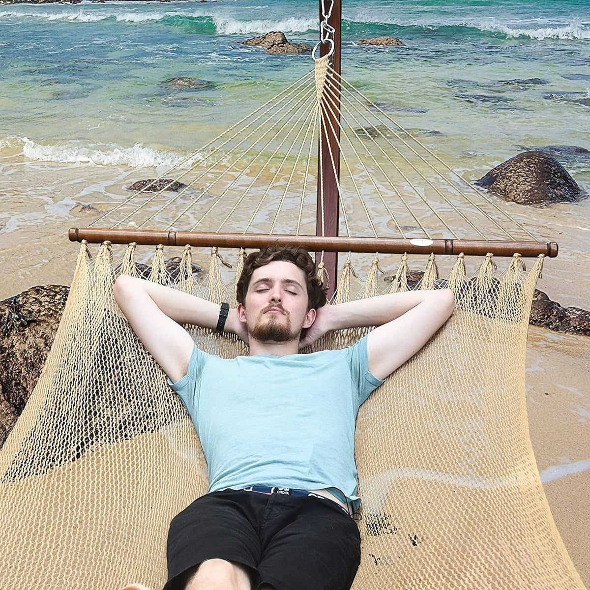 2-Person Hand Woven Polyester Rope Hammock with Spreader Bars Tan R12370