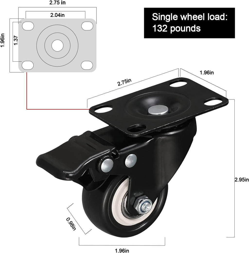 Black 2 inch Swivel Casters Set of 4 with Safety Brake T16351