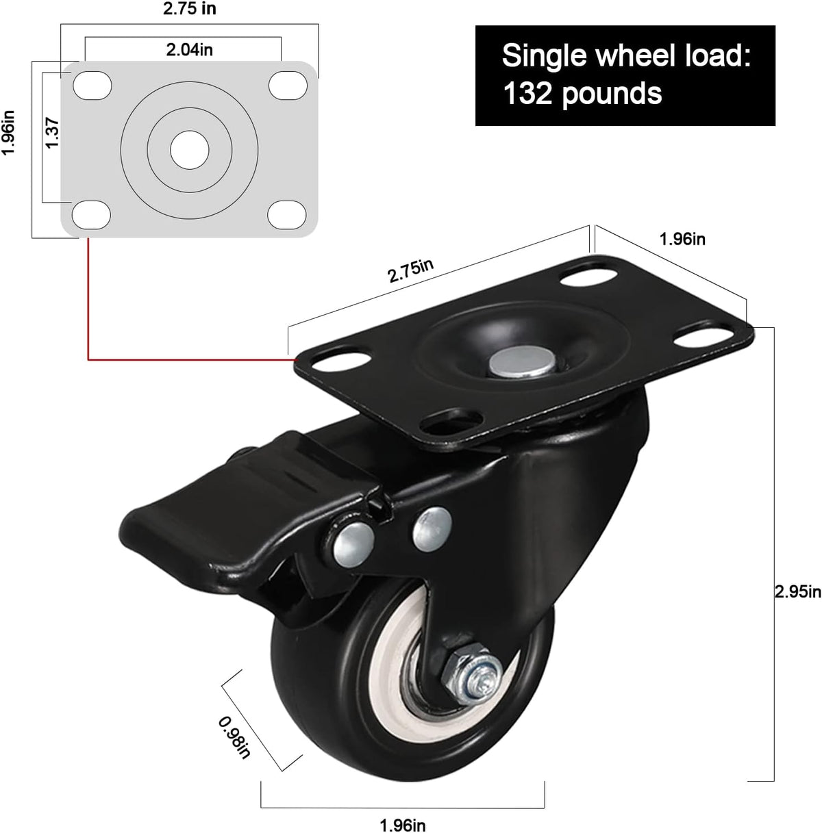 Black 2 inch Swivel Casters Set of 4 with Safety Brake T16351