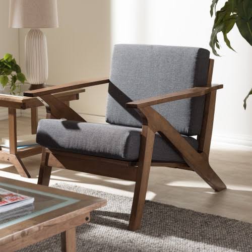 Grey Fabric and Walnut Brown Wood 1-Seater Lounge Chair W203924