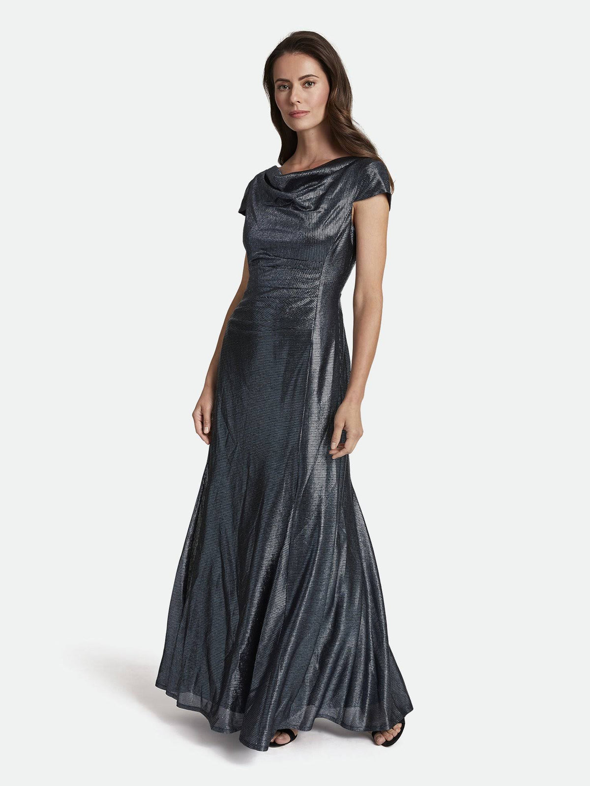 Long Cap-Sleeve Metallic Knit Gown K1663