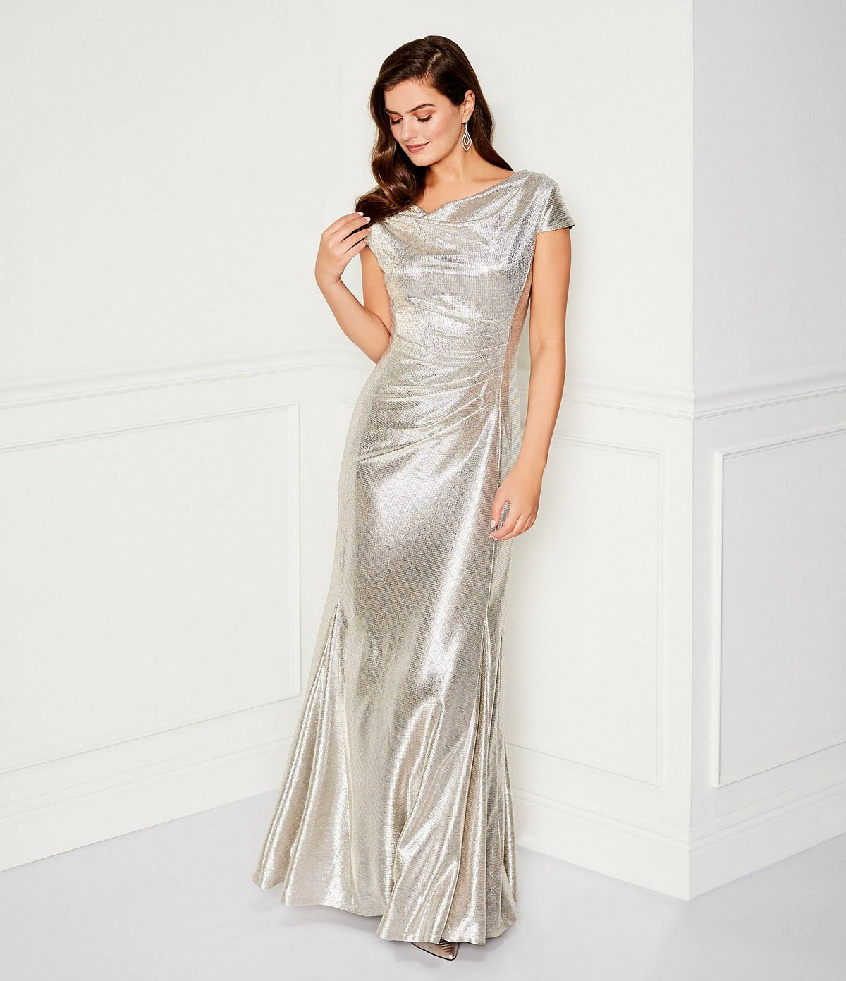Long Cap-Sleeve Metallic Knit Gown K1663