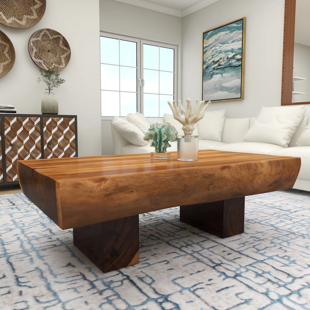 Brown Wood Live Edge Coffee Table with Block Style Base H630455