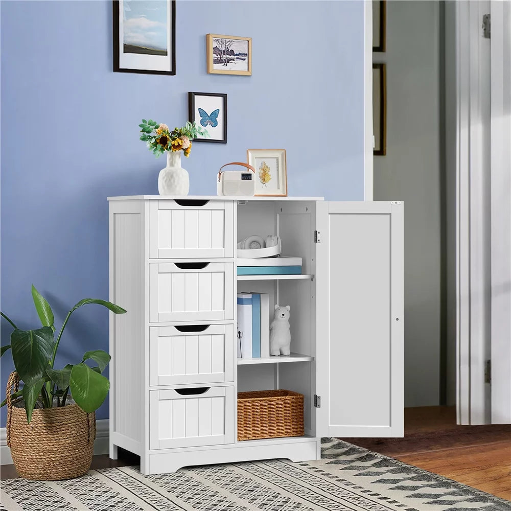 White Wooden Bathroom Floor Cabinet with Drawers and Cupboard J1903