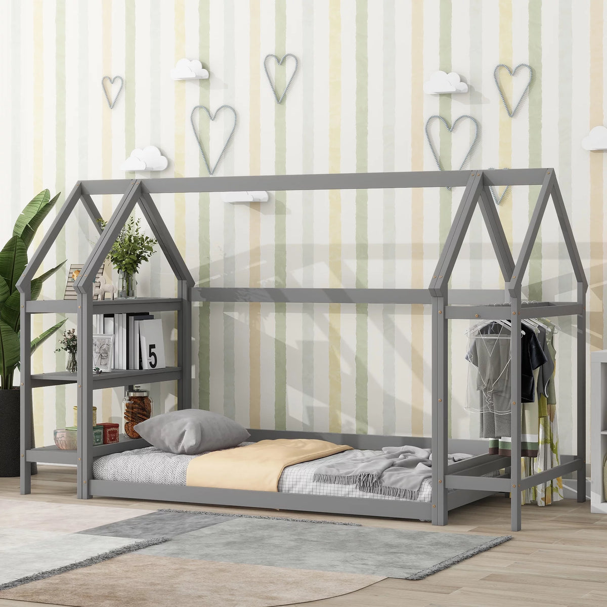 Gray Wood Twin House-Shaped Floor Bed with Shelf and Wardrobe K725546