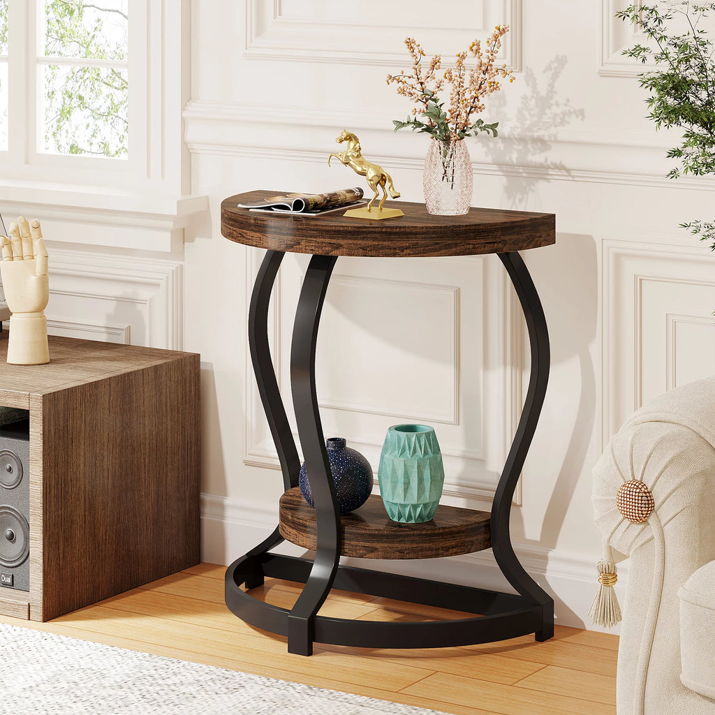 Half-Round 2-Tier Wooden Side Table with Metal Frame T847