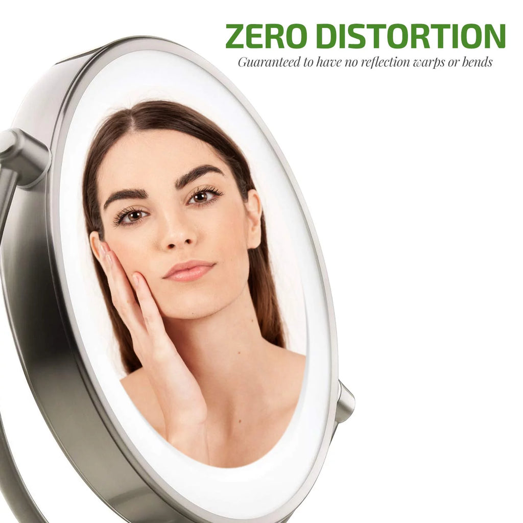 Lighted Makeup Mirror 9.5 Inch 1X 5X Magnifier Dimmable 360 Degree Double Sided LED Acrylic Edge Battery USB Powered Vanity U167052