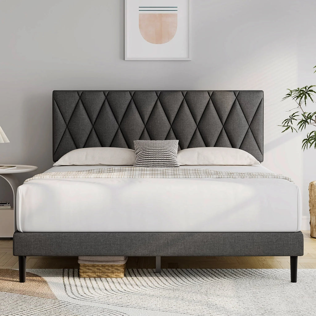 Queen Size Platform Bed with Upholstered Headboard Y873