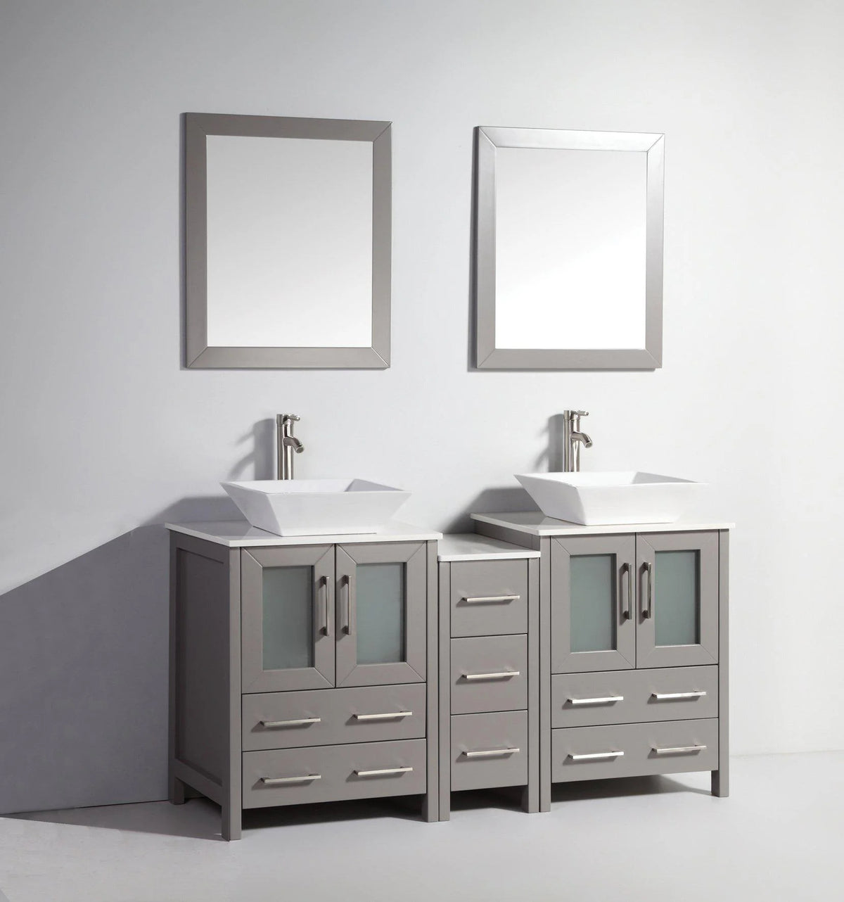 60 in. Grey Double Sink Vanity Cabinet with Ceramic Vessel Sink & Mirror Q15030
