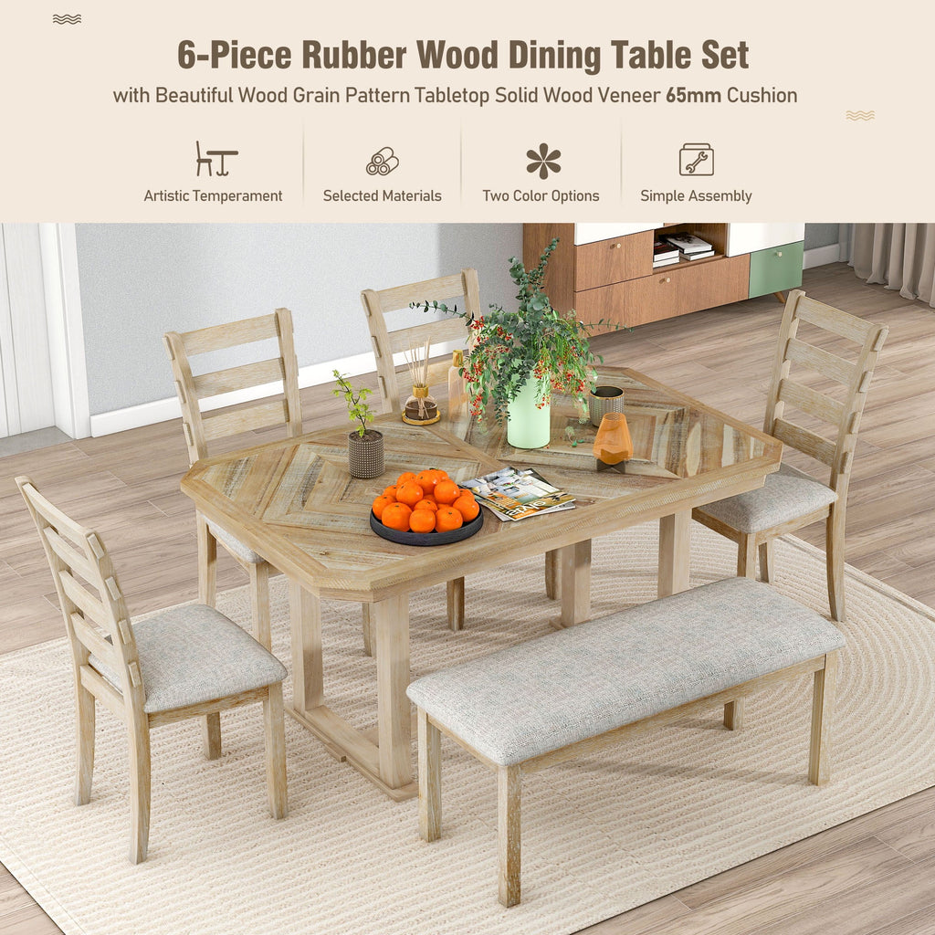 6 Piece Wood Dining Table Set with Bench and 4 Cushioned Chairs X23370
