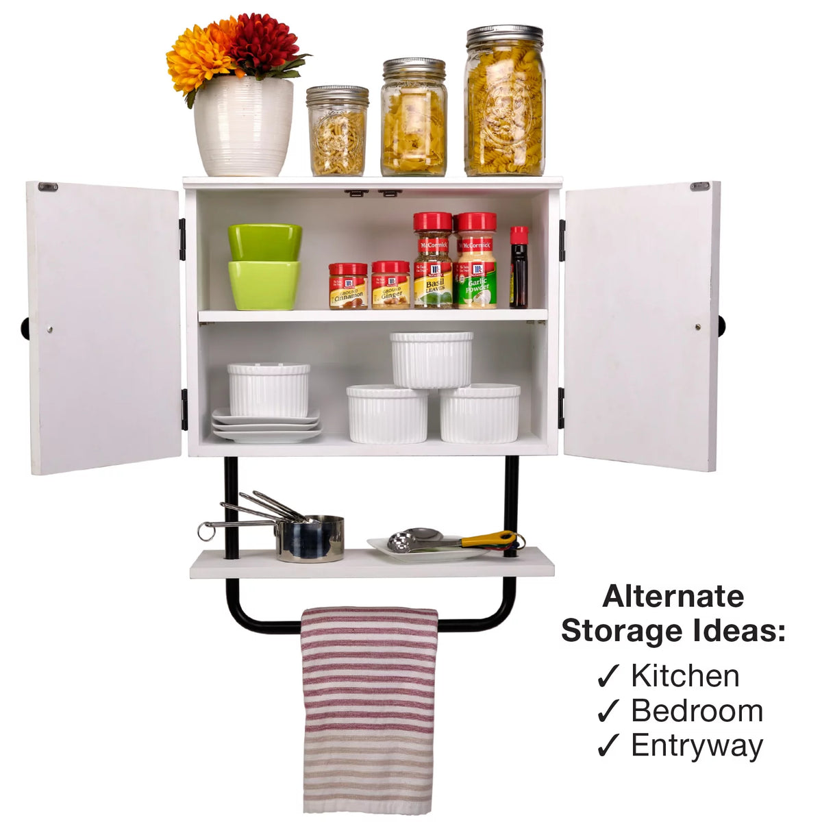 White Bathroom Wall Cabinet with Adjustable Shelf and Towel Bar D5310