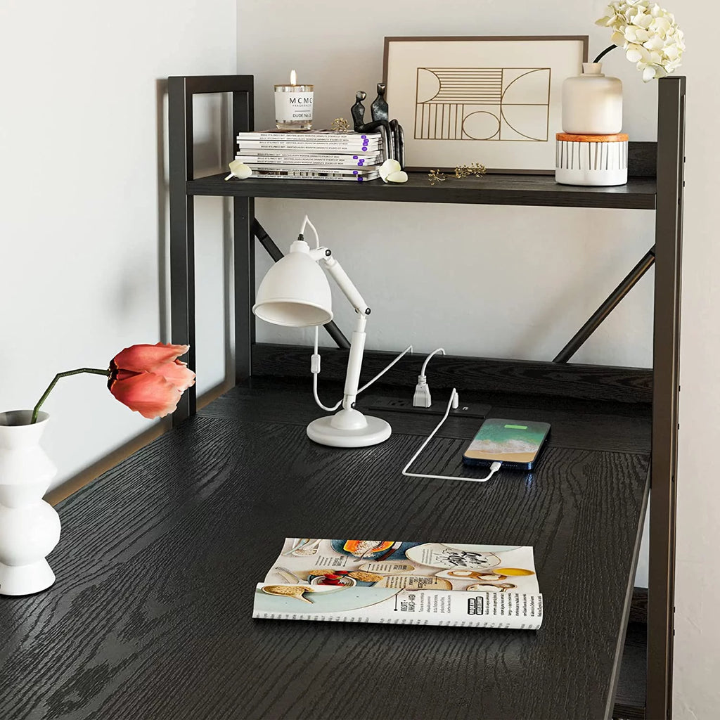 Black Computer Desk with Power Outlet and Storage Shelves J233