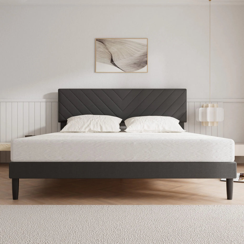 Grey Upholstered Queen Size Platform Bed Frame with Adjustable Headboard X15437