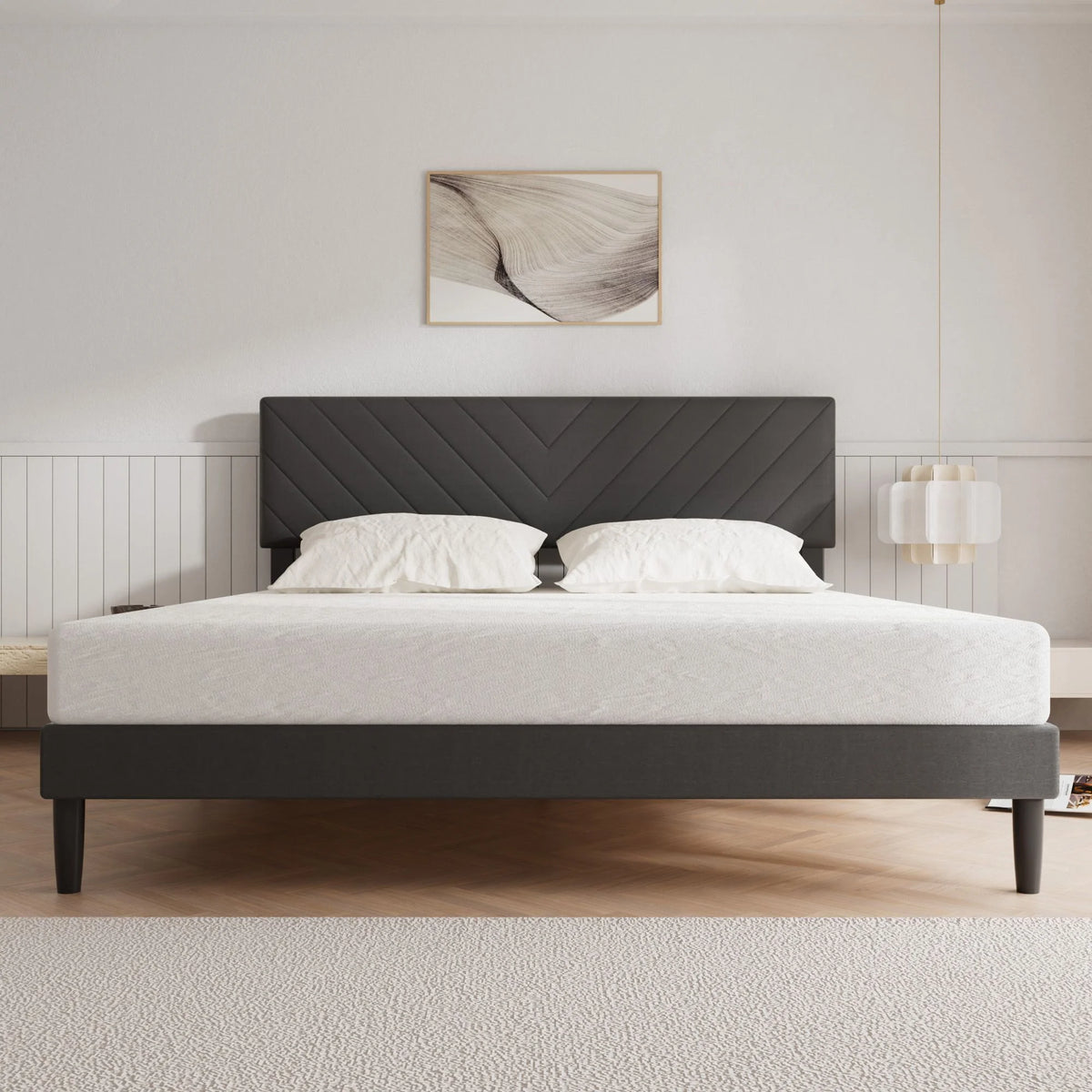 Grey Upholstered Queen Size Platform Bed Frame with Adjustable Headboard X15437