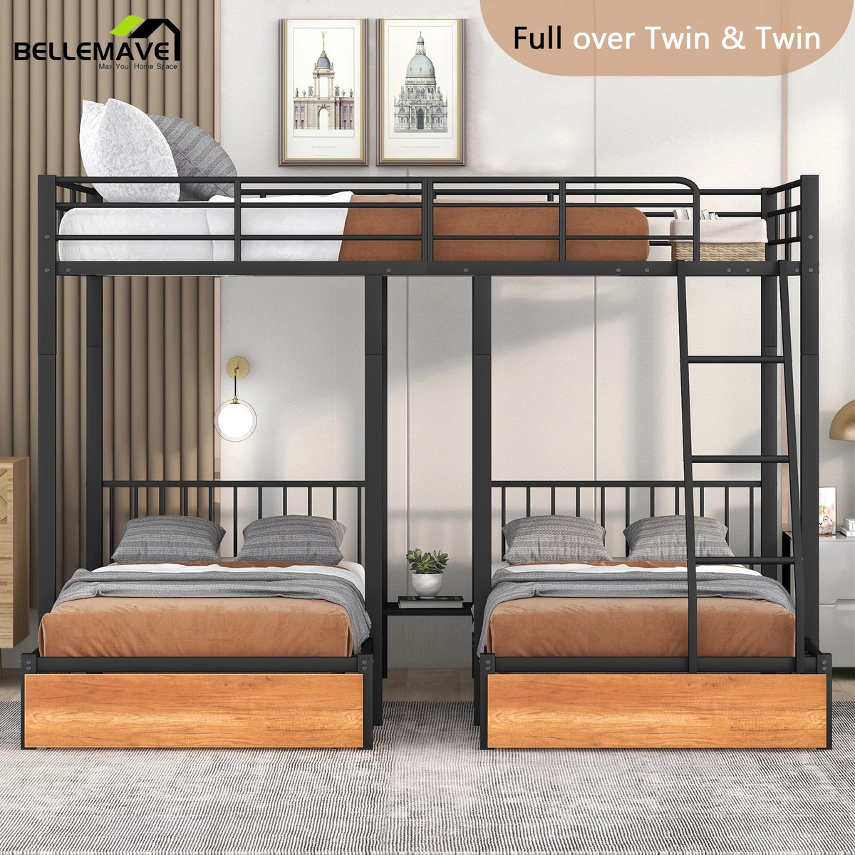 Black Metal Triple Bunk Bed with Storage Drawers Y8482