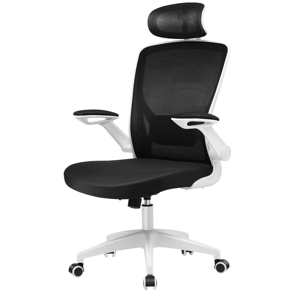 White Ergonomic Office Chair with Headrest and Flip-up Arms Y11703