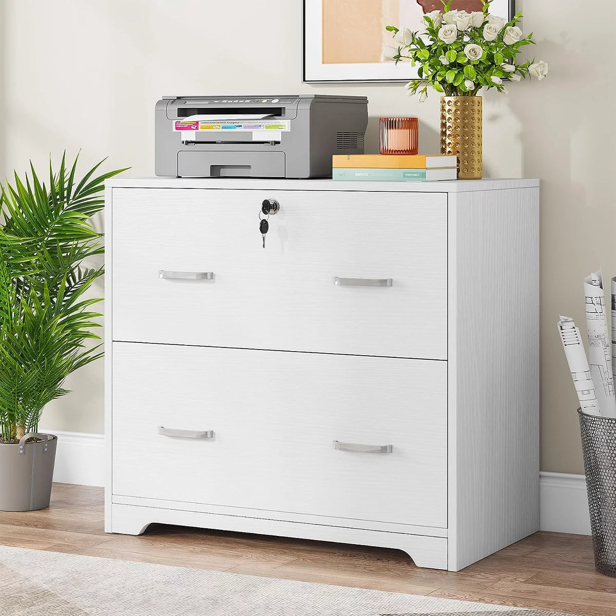 White 2 Drawer Lateral Filing Cabinet with Lock B647853