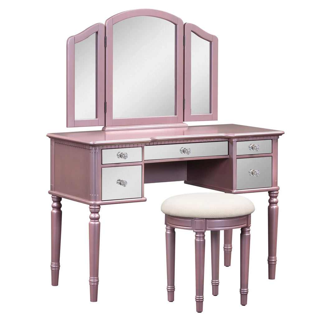 Pink Vanity Set with Tri-Fold Mirror and Stool N1093