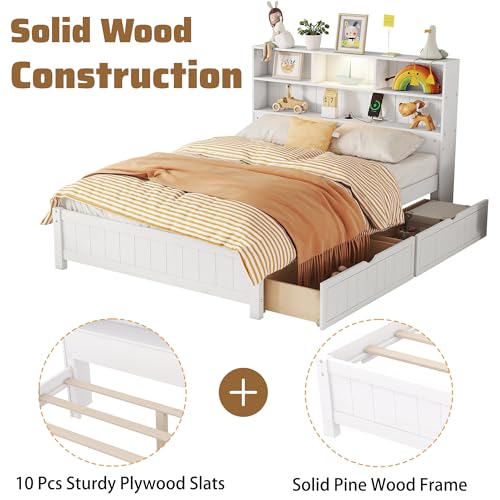 White Twin Size Platform Bed with Bookcase Headboard and 2 Storage Drawers Q7507